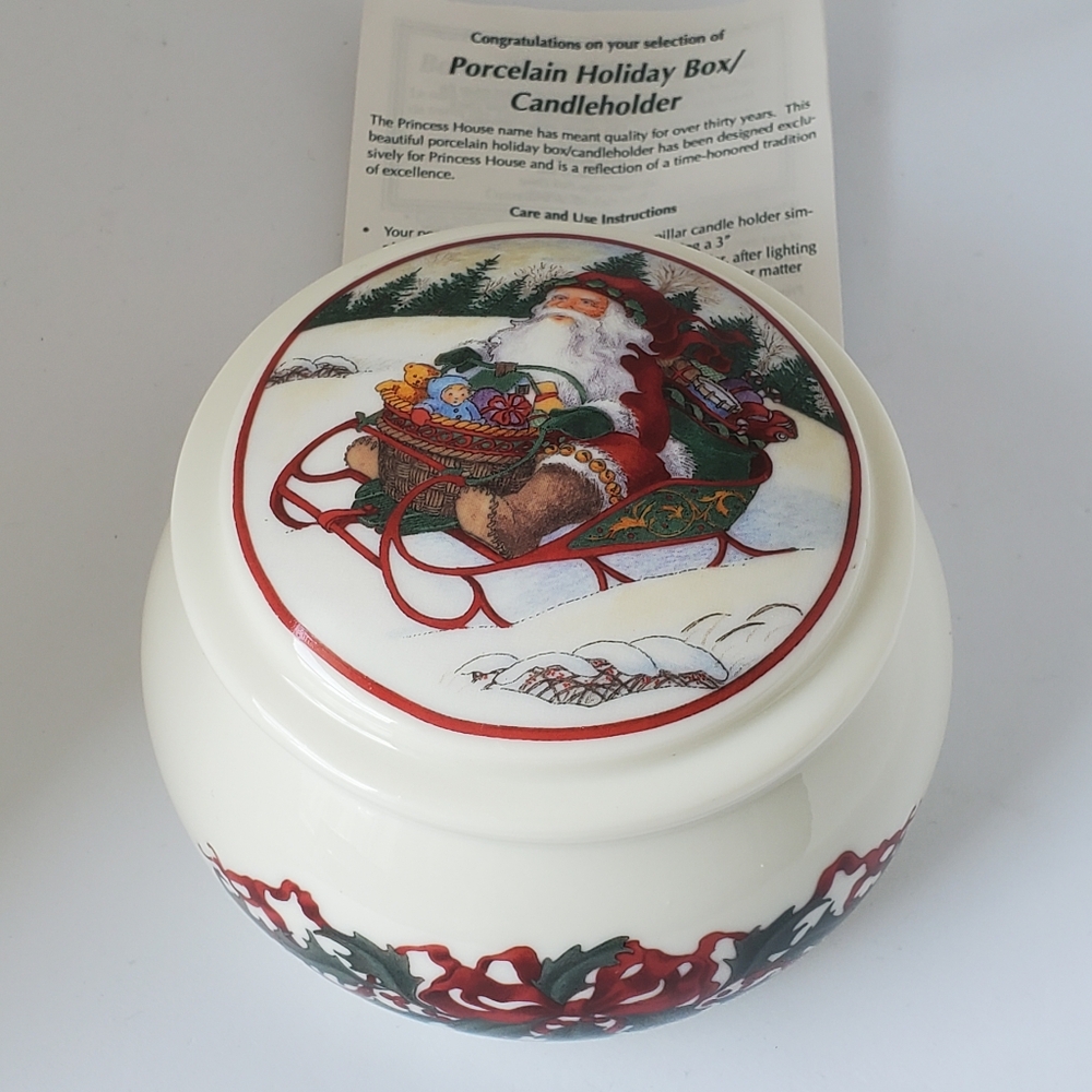 Princess House Porcelain Christmas Box Candle Holder with Lid Santa in Sleigh